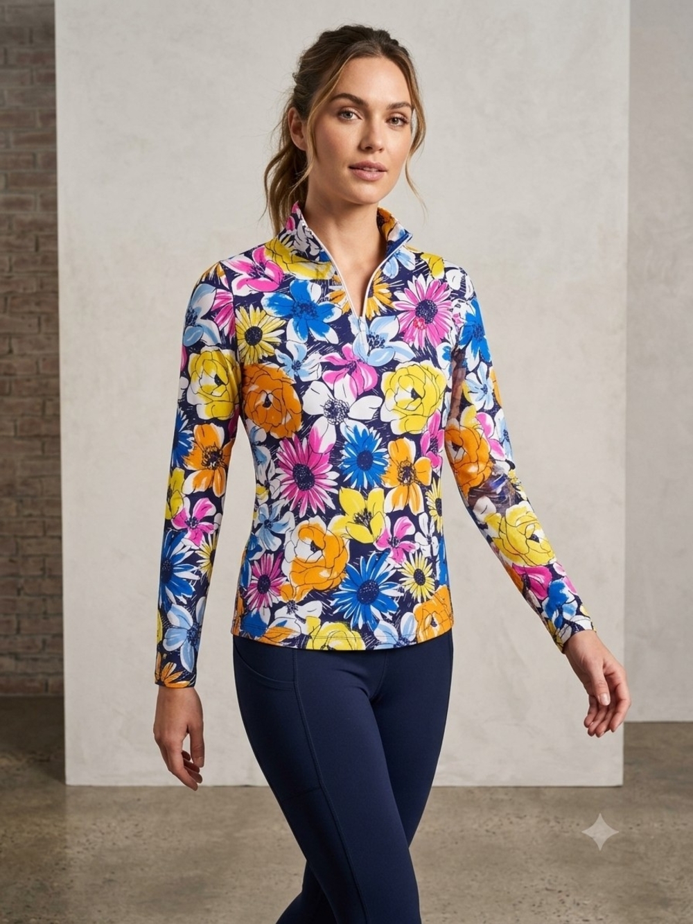 IBKUL Floral Quarter-Zip Performance Top - Multicolor